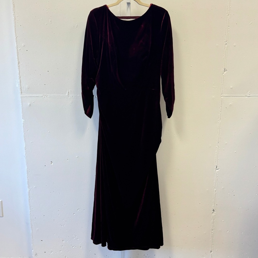 Revelry Burgundy Velvet Cowl Back Maxi Dress Long Sleeve Ruched Formal Gown 18
